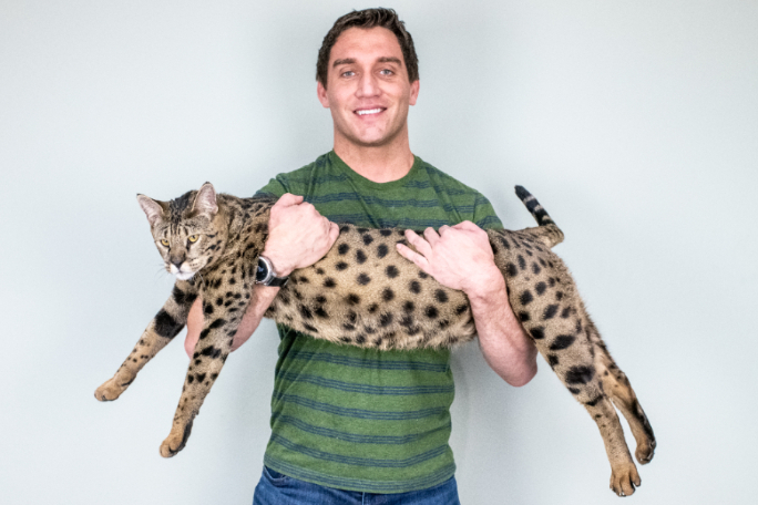 El gato más alto del mundo en los brazos de su dueño.