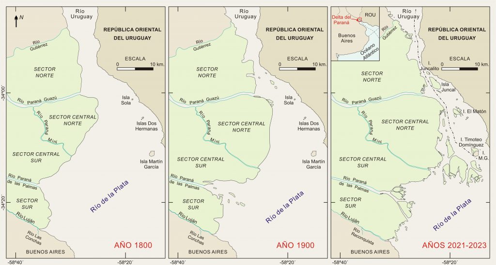 Comparación del avance realizado por el Delta del Paraná entre 1800 y 2023.