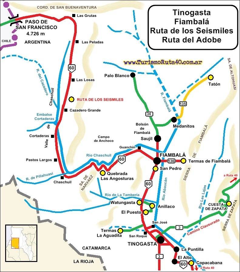 Mapa que incluye el recorrido por la Ruta del Adobe y la Ruta de los Seismiles. 
