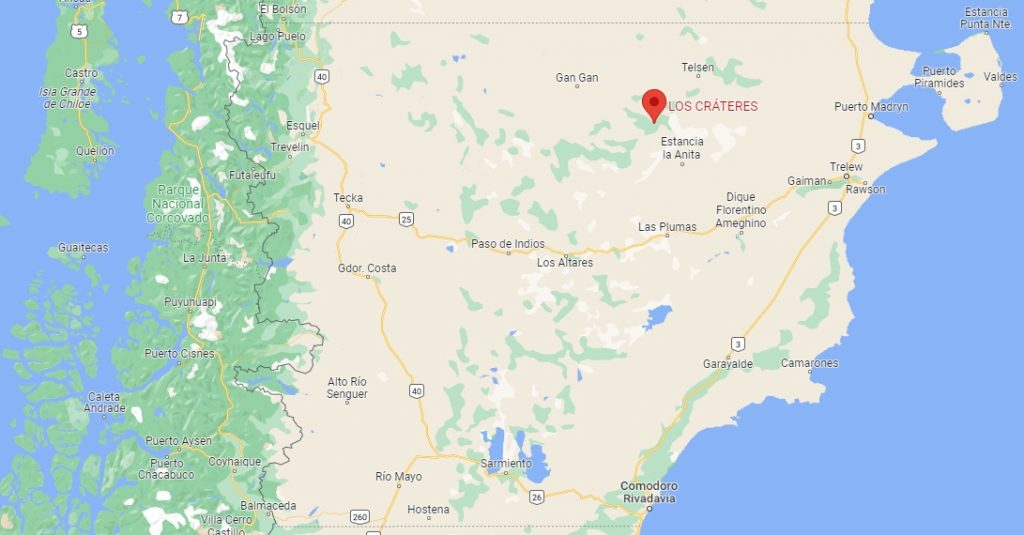 Mapa de la ubicación exacta en la provincia de Chubut donde se encuentra el campo de cráteres de la Bajada del Diablo.