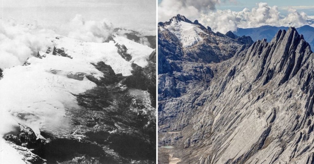 La cima de la montaña más alta de Oceanía repleta de glaciares en 1936 (izquierda) y su cumbre, con un pequeño glaciar, en la actualidad (derecha). 