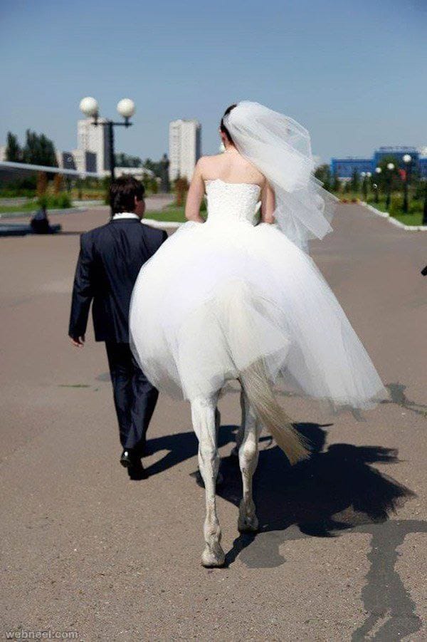 Novia con piernas de caballo, como una ilusión óptica de esta foto increíble.
