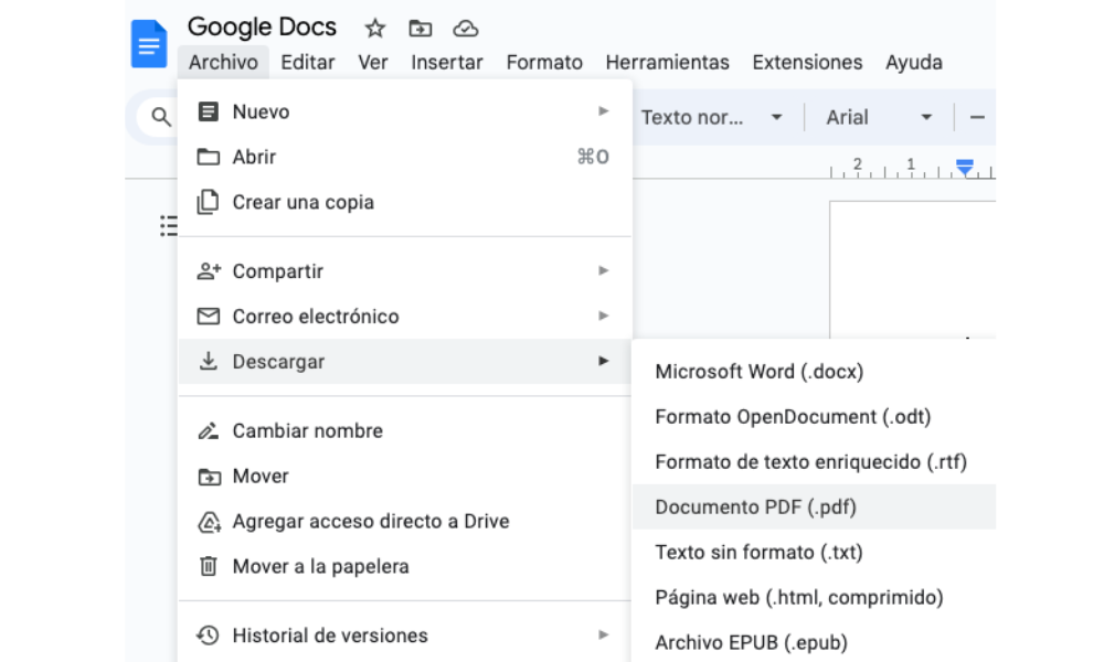 Convertir Google Docs en PDF o Word