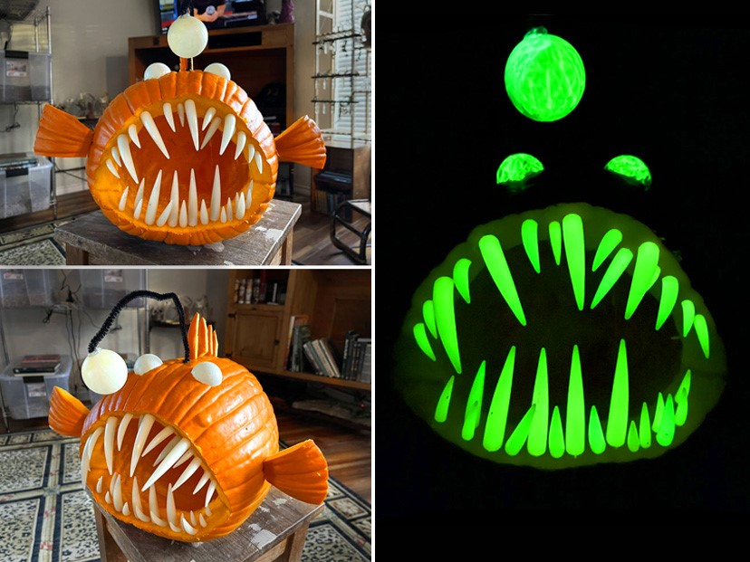 Decoración de calabaza de halloween con forma de pez aterrador