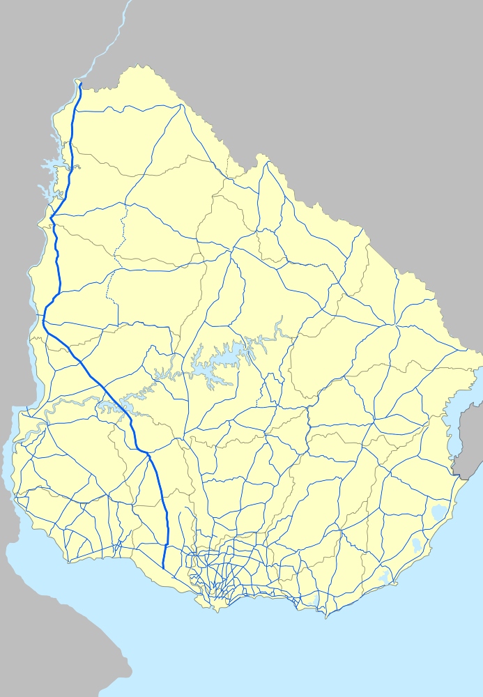 Mapa de Uruguay, con la Ruta 3 resaltada en azul. 