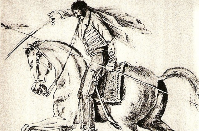 dibujo en blanco y negro de quiroga a caballo con un sable trotando