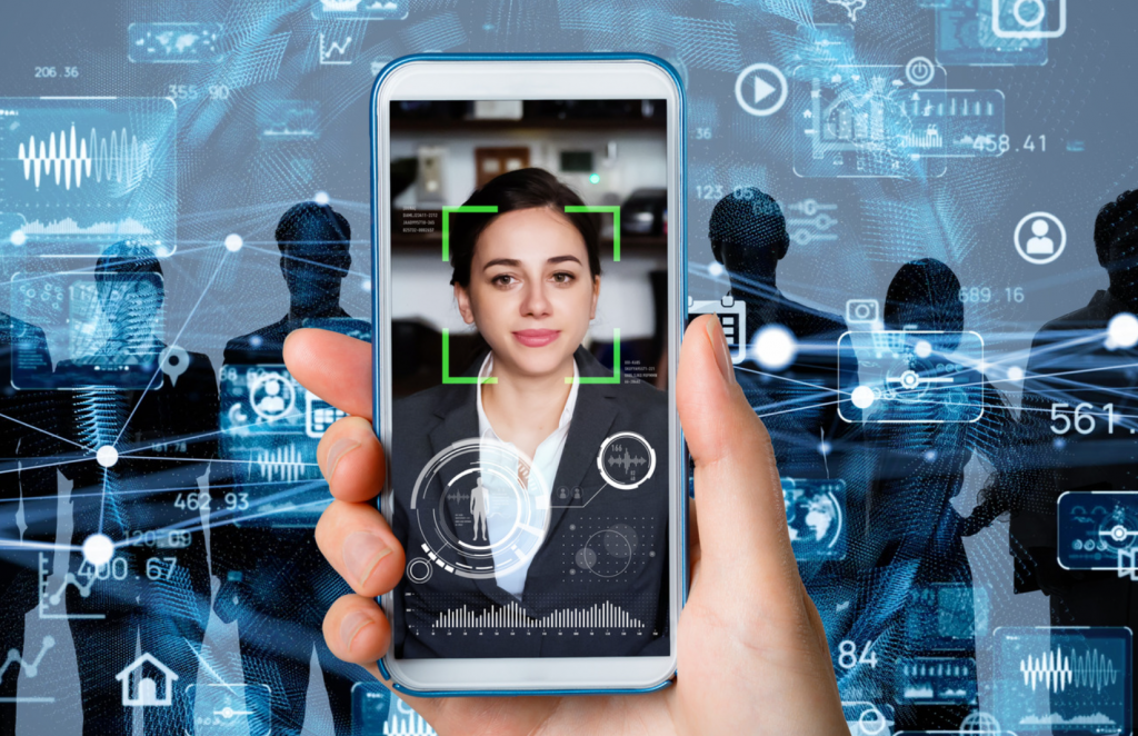 reconocimiento facial de una chica en un celular y fondo tecnológico azul