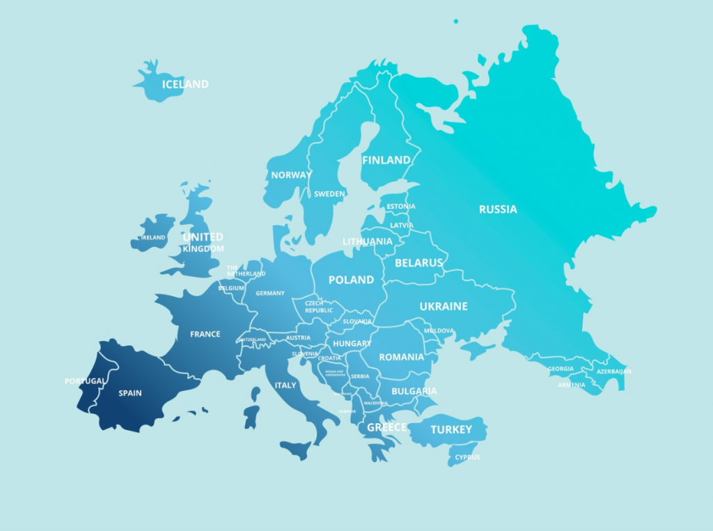 países de Europa en inglés color azul celeste. tienen las personas más altas del mundo