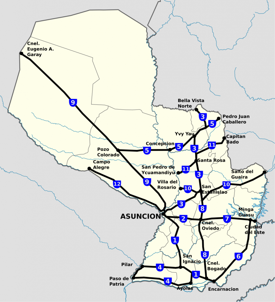 Mapa de las rutas de Paraguay. Desde Cnel. Eugenio A. Garay hasta Asunción, se puede observar el trecho de la ruta más larga: la 9.