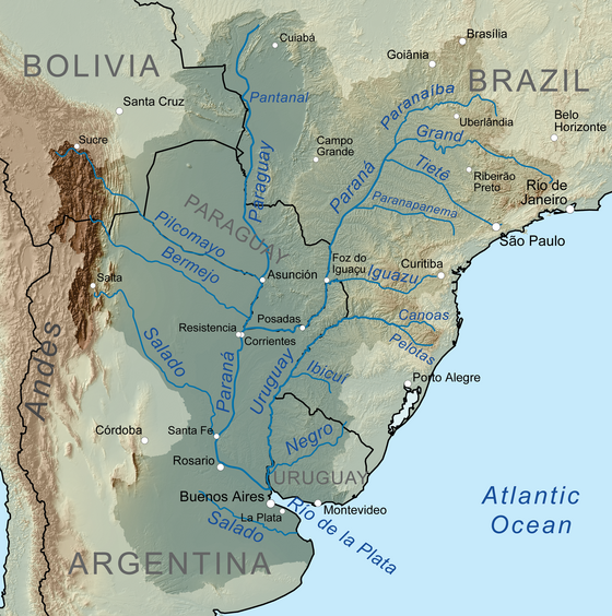 mapa de los ríos de Sudamérica y de Uruguay particularmente. 