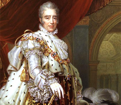 Carlos X de Francia. rey opulento con pelo blanco y mucha tela y joyas.