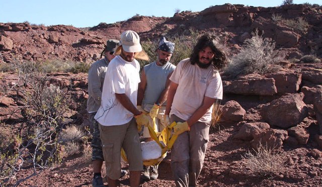Investigadores del Conicet con restos del dinosaurio gigante.