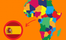 áfrica dibujo colorido con flecha hacia bandera de españa para ilustrar el idioma de guinea ecuatorial