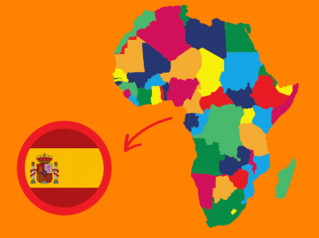 áfrica dibujo colorido con flecha hacia bandera de españa para ilustrar el idioma de guinea ecuatorial