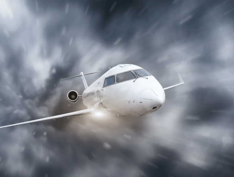 un avion avanzando a toda velocidad a través de nubes una tormenta gris. ilustrativa para expresar el vuelo más turbulento del mundo