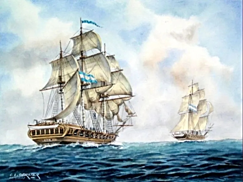Dibujo del primer barco argentino que logró dar la vuelta al mundo. 