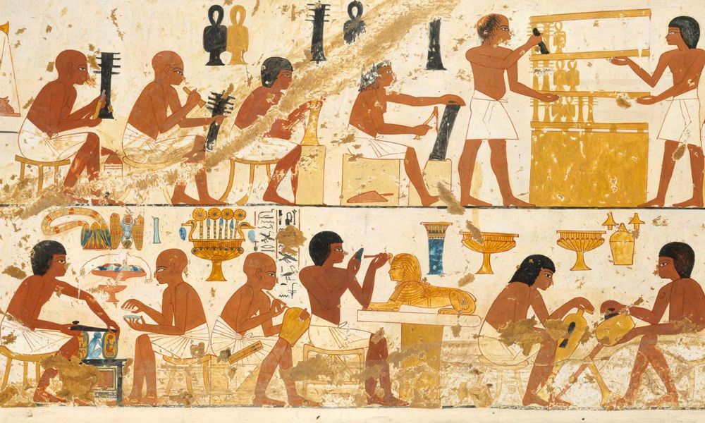 Artesanos trabajando en el Imperio Nuevo, Egipto. Antes de la primera huelga laboral, en el 1159 a.C.