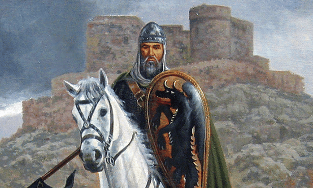 cid en caballo blanco con escudo y armadura