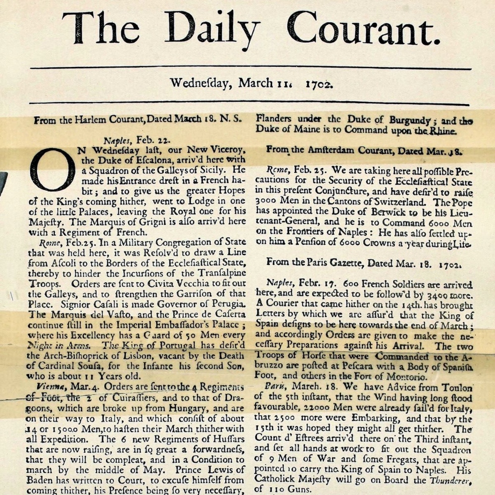 Reproducción digital del primer número de The Daily Courant. 