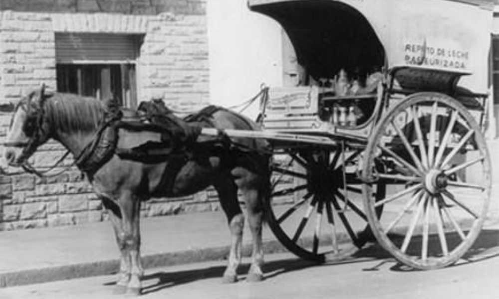 Carro lechero antiguo, empujado por un caballo.
