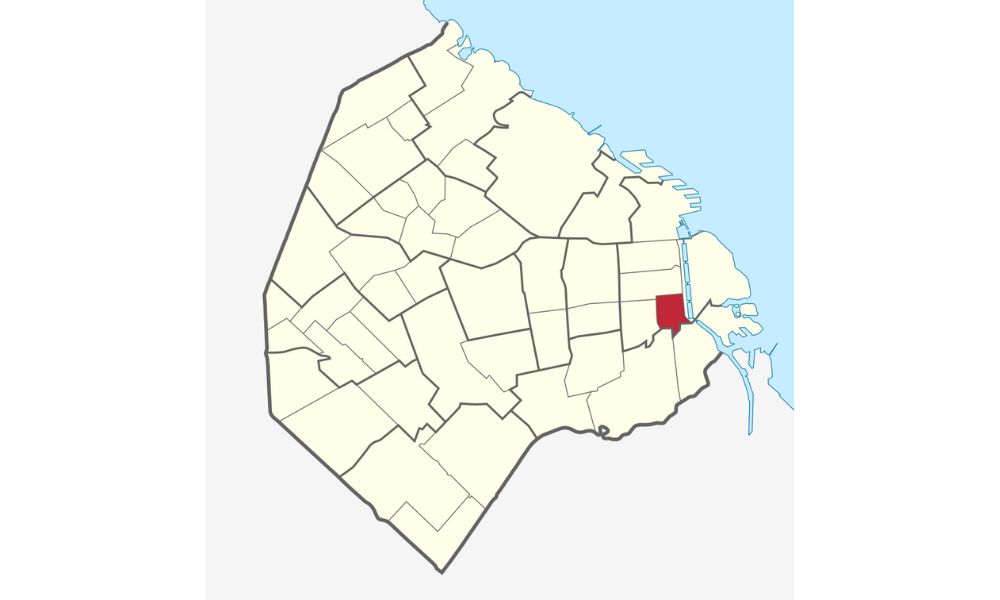En rojo, la superficie del barrio de San Telmo, el barrio más pequeño de la Ciudad de Buenos Aires. 