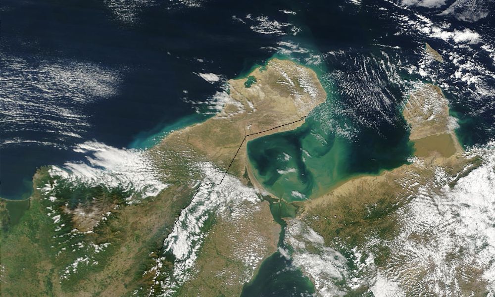 Península de Guajira, donde se encuentra el faro más septentrional de América del Sur, vista desde una imagen satelital.