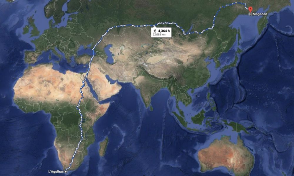 Mapa del camino a pie más largo del mundo.