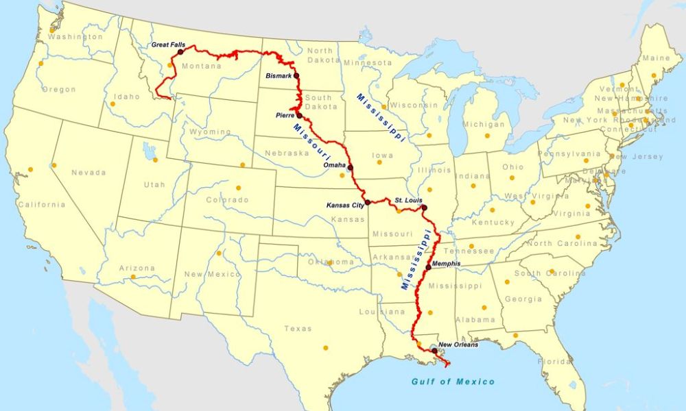 Mapa de ríos Missouri y Mississippi, en Estados Unidos
