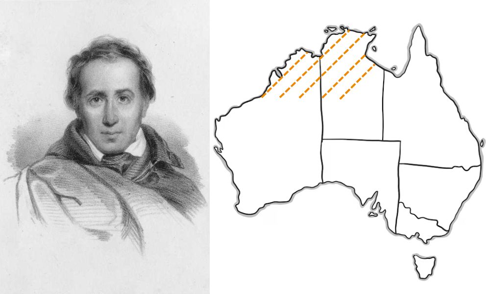 Allan Cunningham, junto a un mapa de Australia.