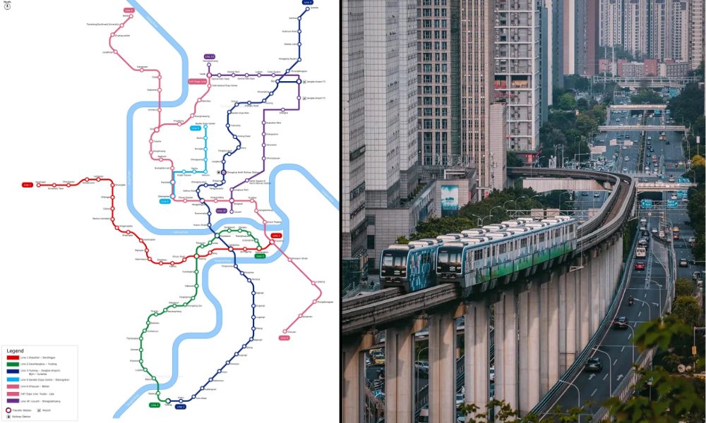 Mapa de red de metros en Chongqing, China, junto a un tramo de una de las líneas que cruzan la ciudad.