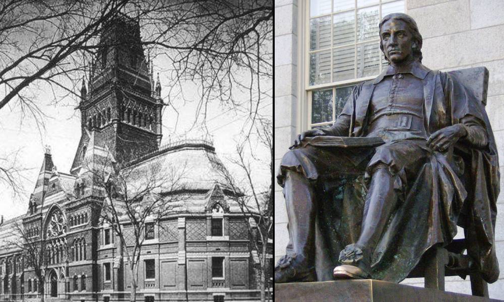 Universidad más antigua de Estados Unidos, en Massachusetts - Estatua de John Harvard y edificio antiguo