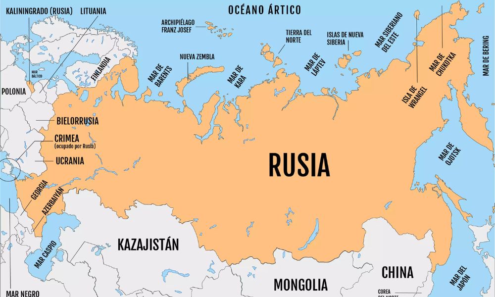 Mapa de Rusia, uno de los países con más fronteras del mundo.