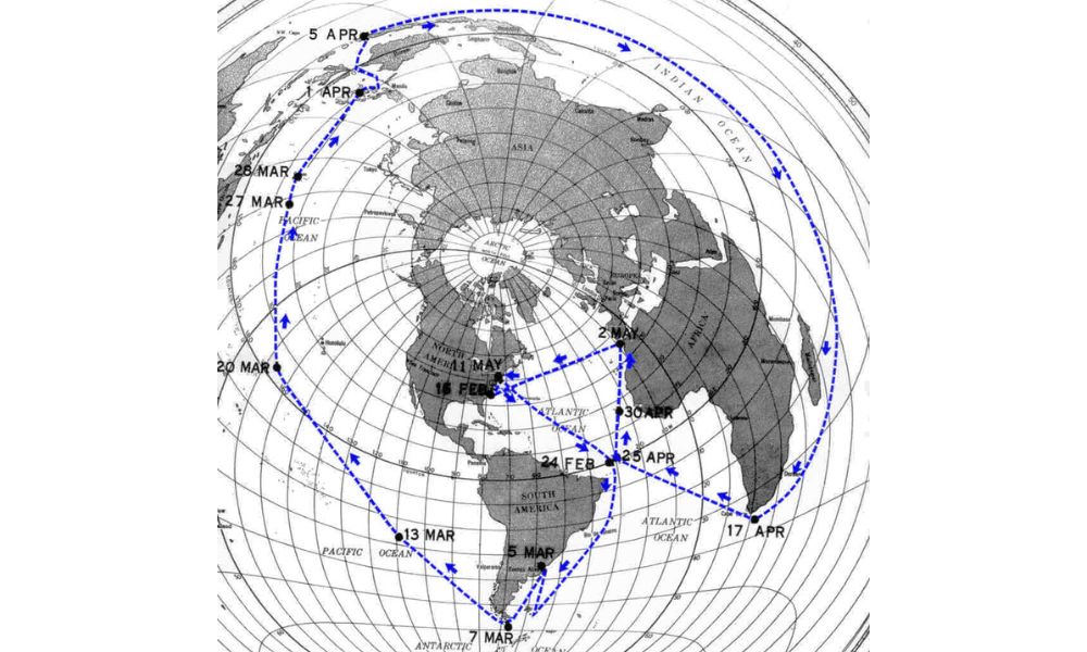 Mapa de la vuelta al mundo que realizó el submarino Tritón. 