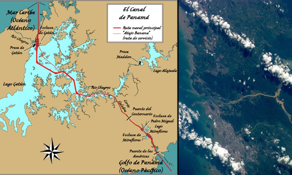 Mapa y vista aérea del Canal de Panamá