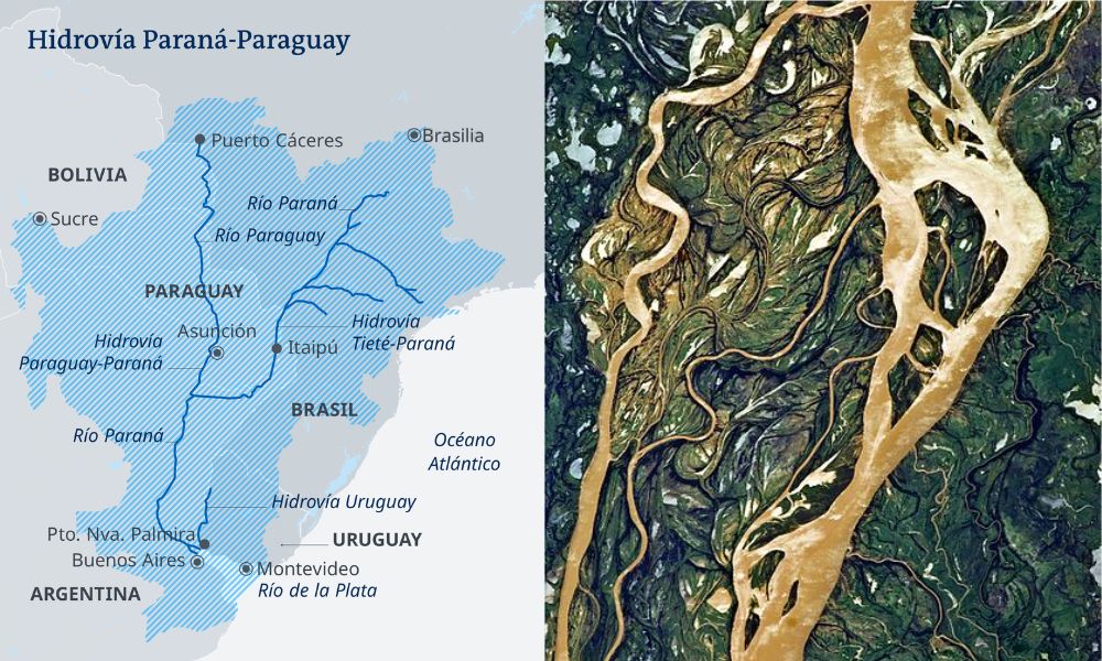 Mapa y vista aérea del segundo río más largo de Sudamérica - Río Paraná.