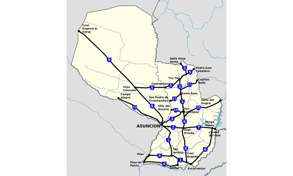 Mapa de las rutas de Paraguay. Desde Cnel. Eugenio A. Garay hasta Asunción, se puede observar el trecho de la ruta más larga: la 9.