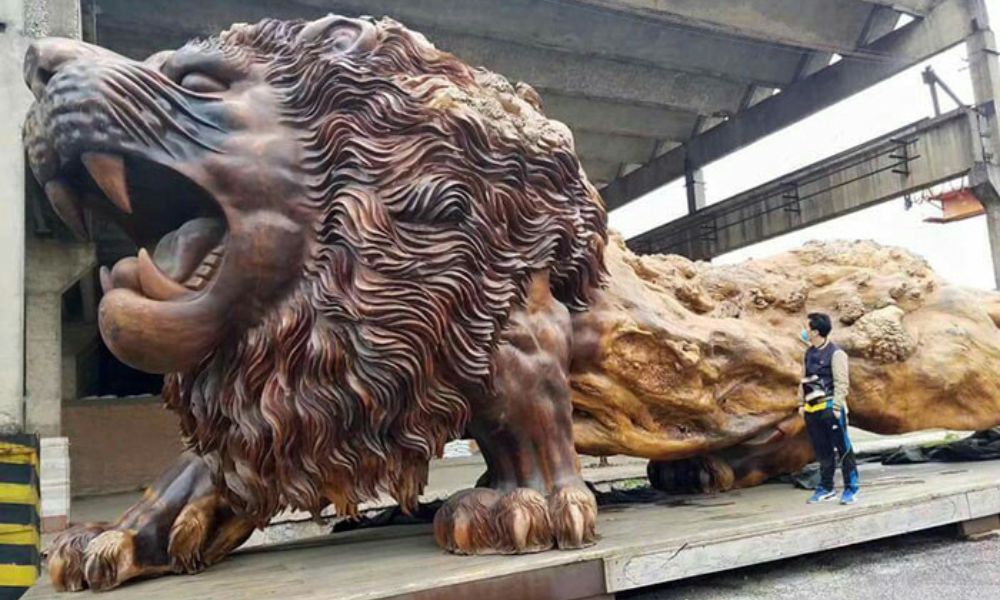 Comparación entre la escultura de secuoya más grande del mundo y una persona. 