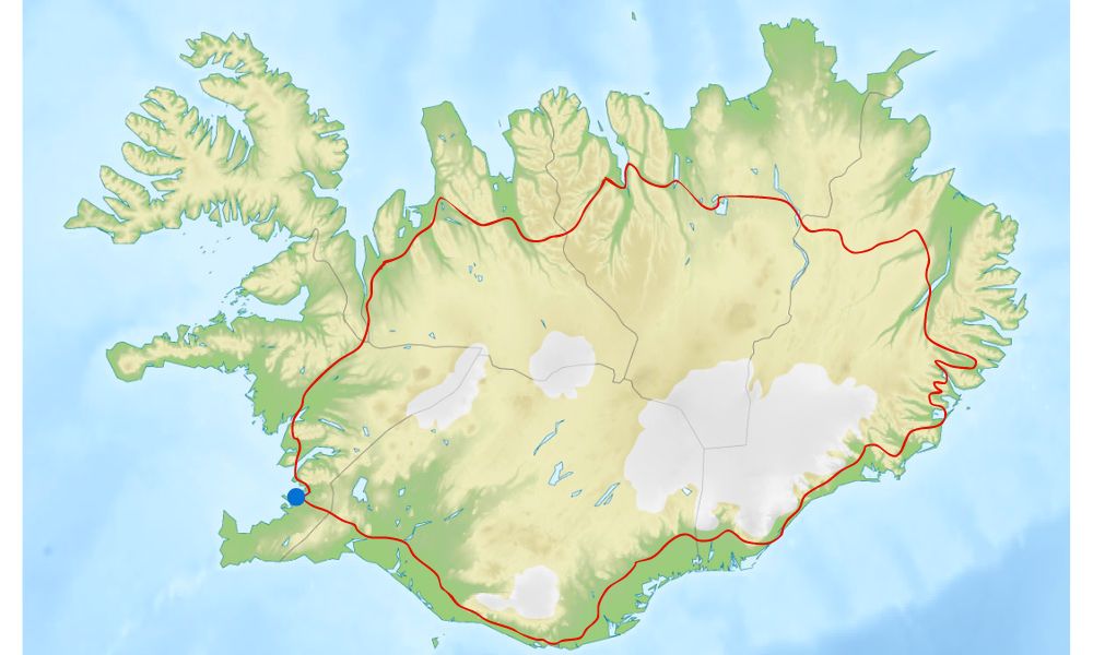 Mapa de la Hringvegur, ruta principal de Islandia