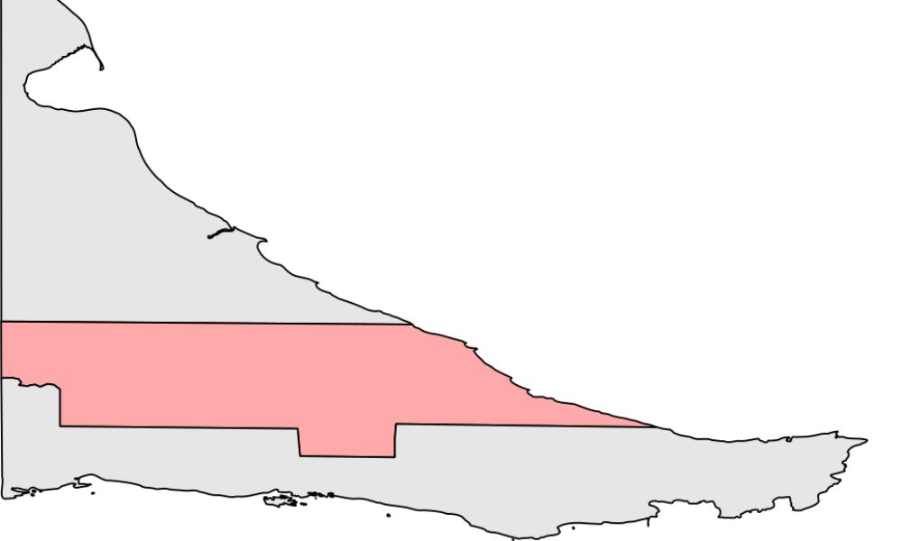 En rojo, el sector de la Isla Grande de Tierra del Fuego que pertenece al departamento más joven de Argentina.