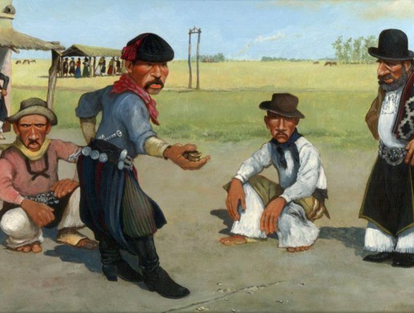 se le dio vuelta la taba expresión origen gauchos jugando a la taba pintura arte