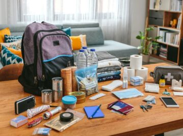 mochila de emergencias kit botiquín sobre una mesa con los elementos apoyados