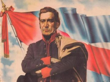 josé gervasio artigas con la primera bandera de uruguay de fondo