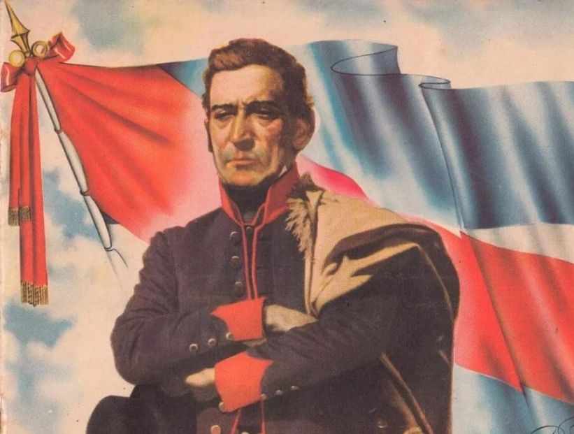 josé gervasio artigas con la primera bandera de uruguay de fondo