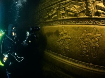 ciudad china que está bajo el agua. buceador investigando shi cheng