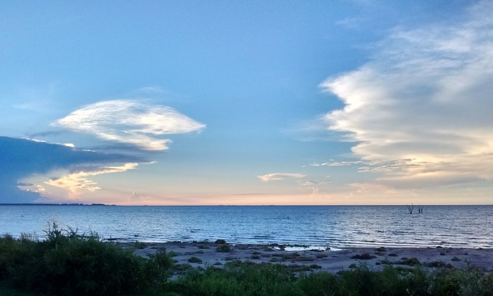 laguna de mar chiquita en córdoba con pasto y las nubes en el atardecer