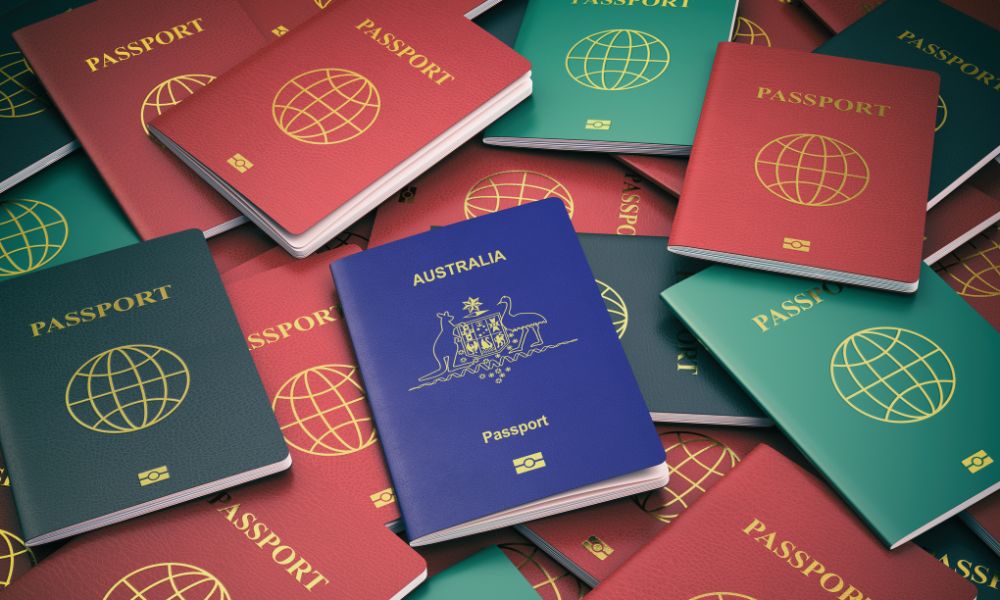 pasaportes de diversos países, de color rojo, azul verde y negro