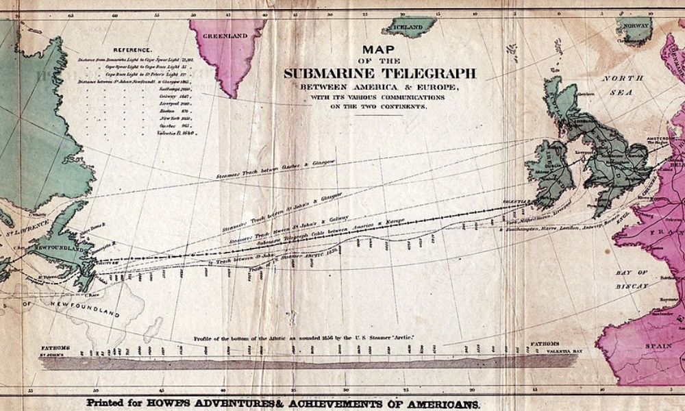 Mapa que incluye al primer cable telegráfico transatlántico.