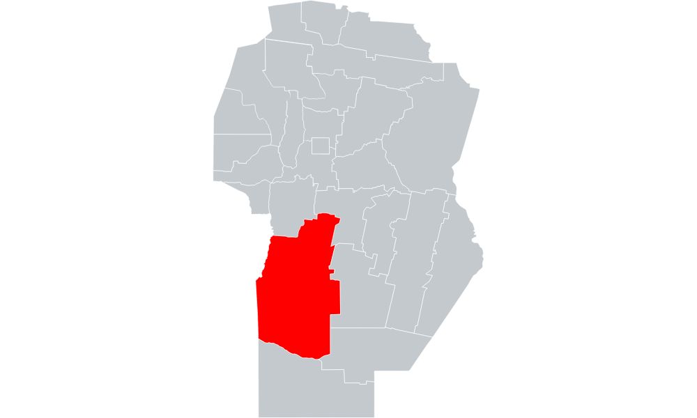 En rojo, el departamento de Río Cuarto, que es el departamento más grande de Córdoba.