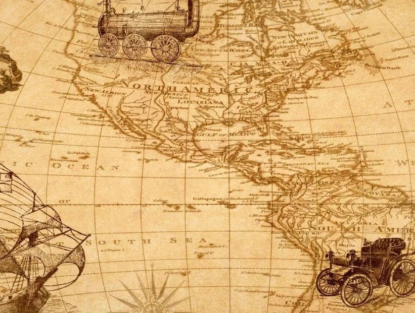 américa mapa viejo con barcos y coches