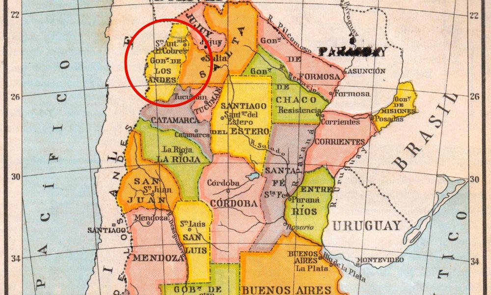 Mapa de Argentina con el Norte Argentino y su provincia llamada Territorio Nacional de Los Andes.